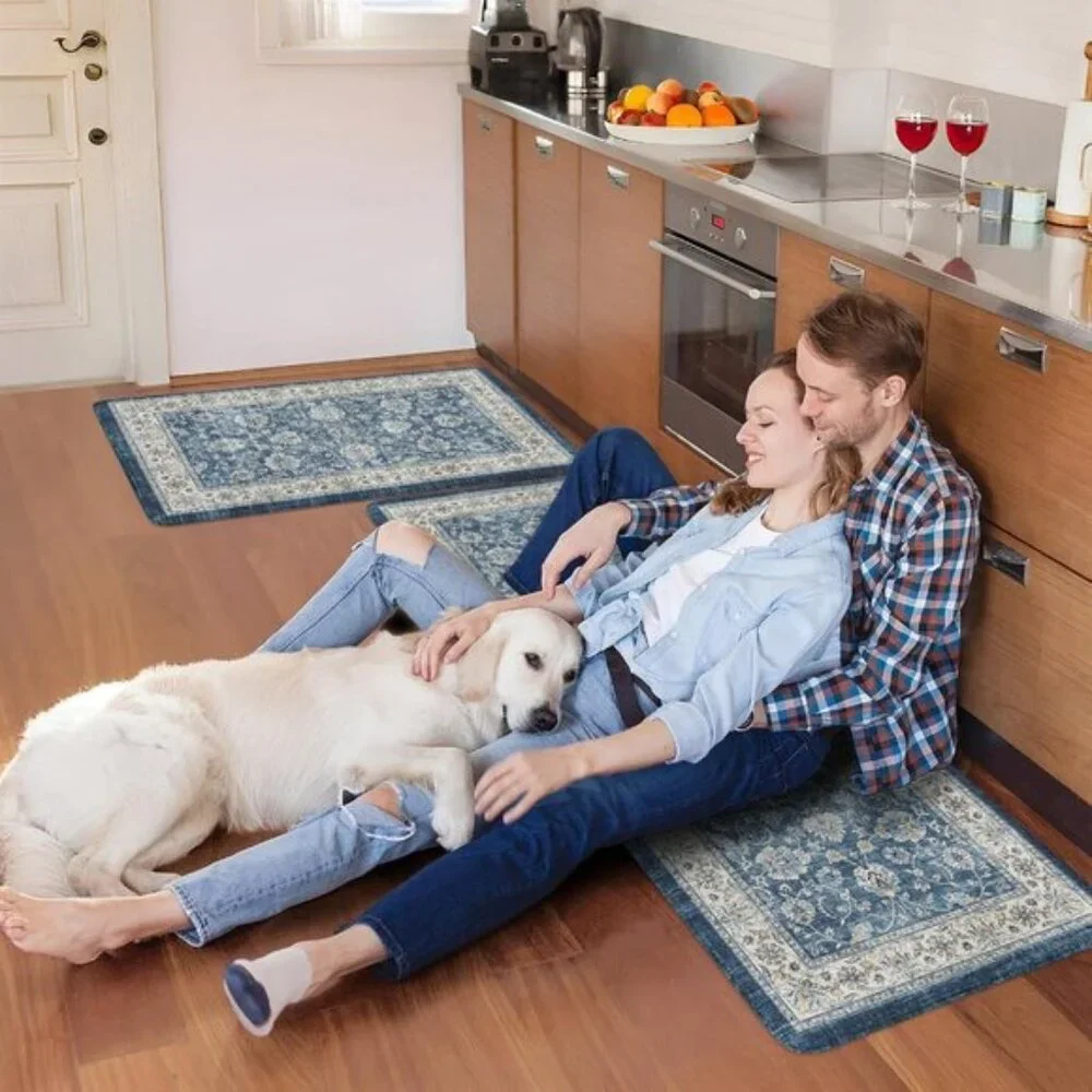 New 2Pcs Blue Kitchen Mat Set, Anti Fatigue Waterproof Area Rugs for Floor